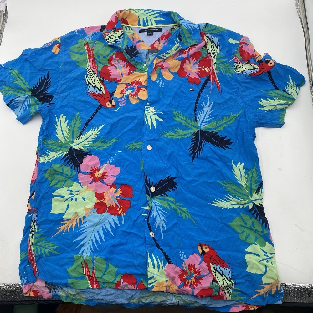 Tommy Hilfiger Button Up Shirt Mens M Pink Striped Flamingo Print Hawaiian Beach